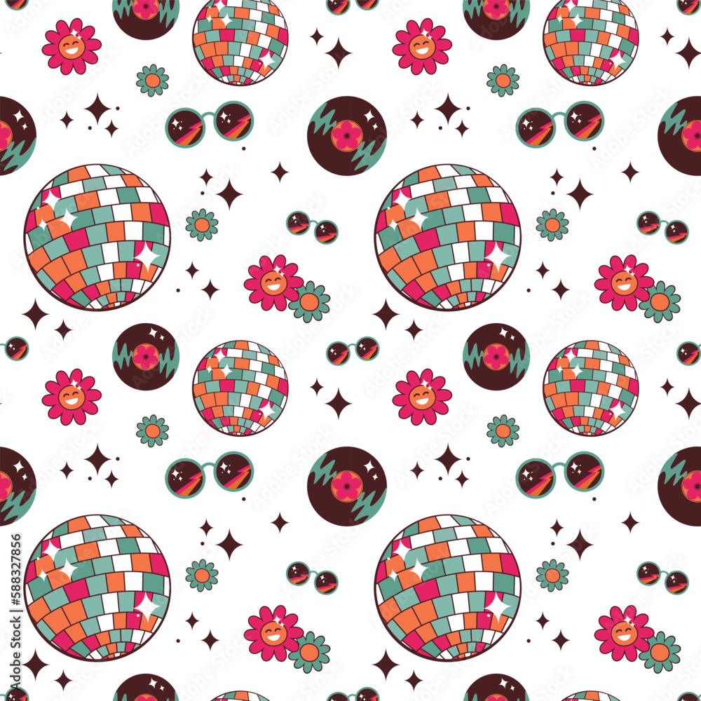 Seamless patern inspired by disco and the era of the 7080s. Disco ball, sunglasses, vinyl