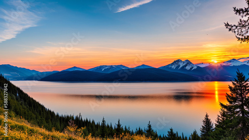 Berglandschaft mit schneebedeckten Gipfeln umrahmt einen klaren Bergsee. W  hrend des Sonnenuntergangs taucht die Szenerie in goldenes Licht und den Himmel in leuchtendes Orange und Pink