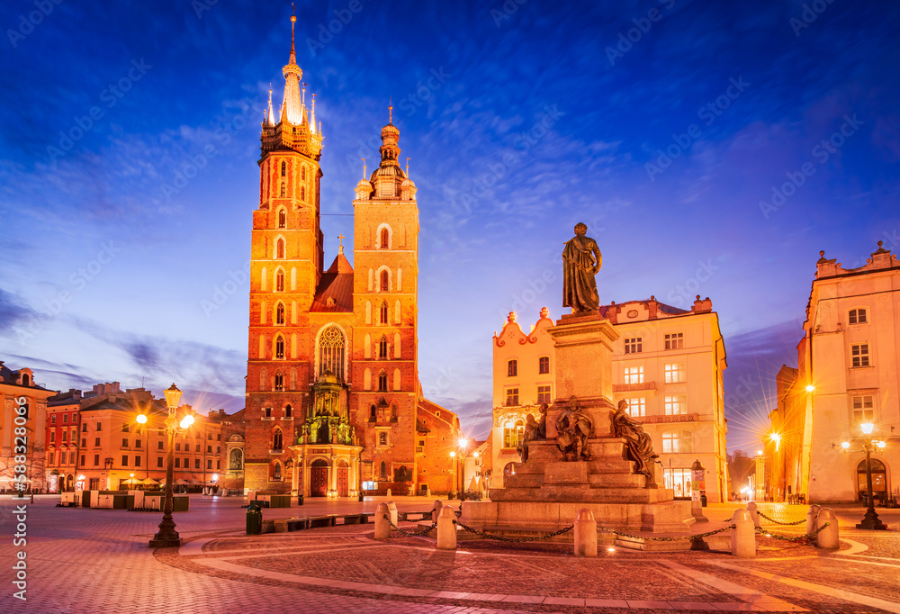Krakow, Poland - Gothic historical Ryenek Square, Cracovia's night scene.