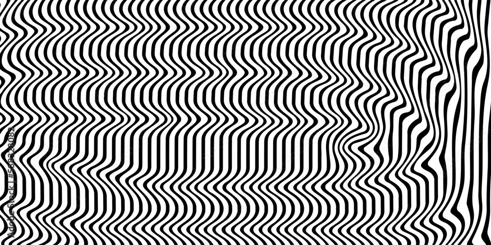 Abstract psychedelic background, optical illusion. Wavy black pattern. Seventies style, striped background. Vector illustration