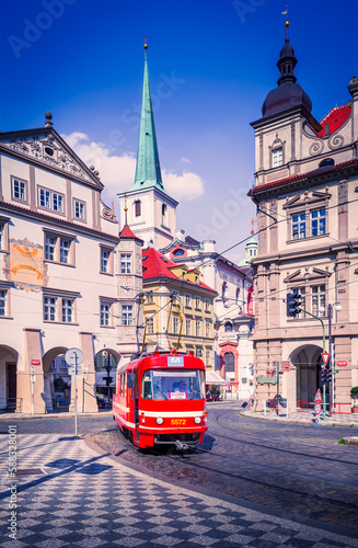 Prague, Czech Republic. Iconic red tram in Mala Strana downtown. photo