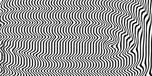 Abstract psychedelic background, optical illusion. Wavy black pattern. Seventies style, striped background. Vector illustration