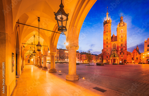 Krakow, Poland - Historic charming Cracovia's night scene, Ryenek Square. photo