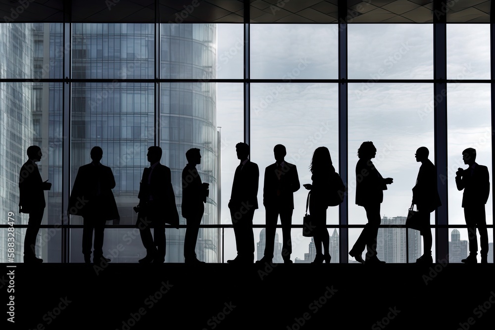 Silhouettes of business people standing at the window of a business building. Generative AI