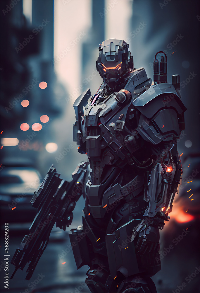 Heavily armed combat robot. AI generated Heavily armed combat robot. AI generated