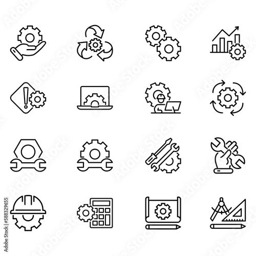 Set of vector icons related to engineering. Vector illustrations such as engineering drawings, engineering calculations, engineering operators and more with editable black outline.