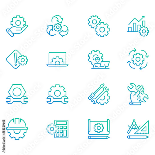 Set of vector icons related to engineering. Vector illustrations such as engineering drawings, engineering calculations, engineering operators and more with editable gradient color outlines.