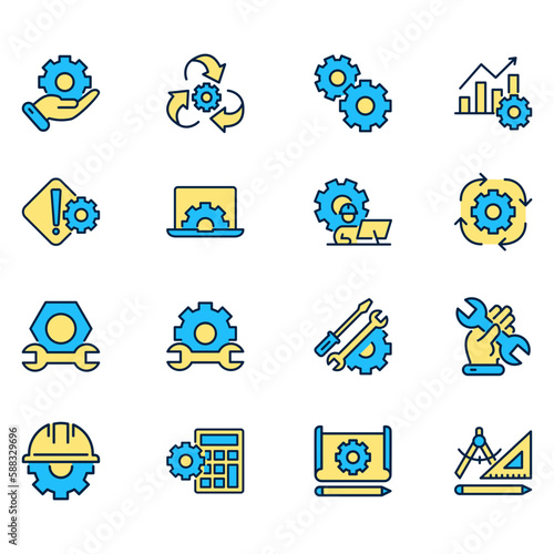 Set of vector icons related to engineering. Vector illustrations such as engineering drawings, engineering calculations, engineering operators and more with editable flat filled color outlines.