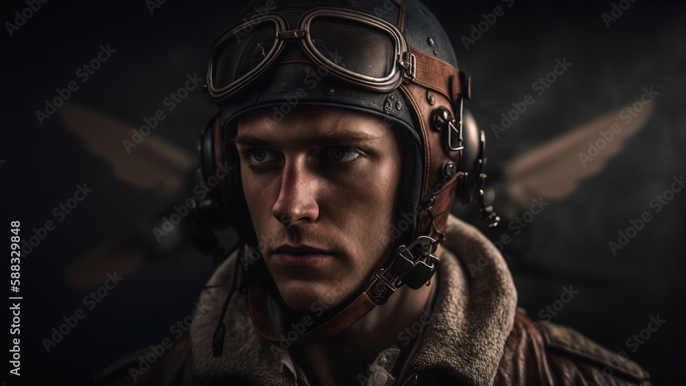 Obraz premium portrait of a male airplane pilot, generated in AI