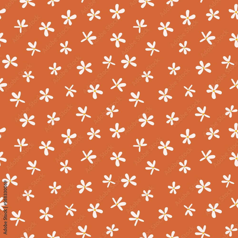Simple abstract ditsy floral seamless pattern in orange background color. Simple abstract ditsy floral seamless pattern in orange background color.