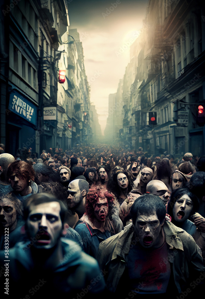 Crowd of zombies on the city street. AI generated