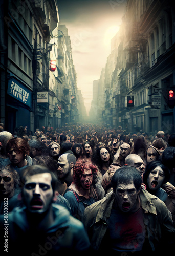 Wallpaper Mural Crowd of zombies on the city street. AI generated Torontodigital.ca