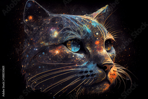 Portrait of a cat in space. AI generated