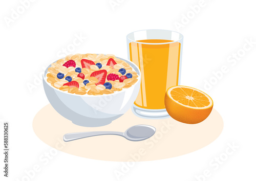Healthy breakfast with oatmeal and glass of orange juice icon vector. Cereal breakfast with fruits icon vector isolated on a white background. Oat flakes breakfast still life drawing