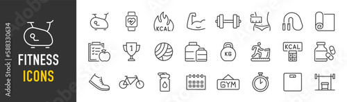 Fitness web icons in line style. Fitness, entertainment, healthy food, gym, training, workout, muscle, nutrition and dieting, collection. Vector illustration.