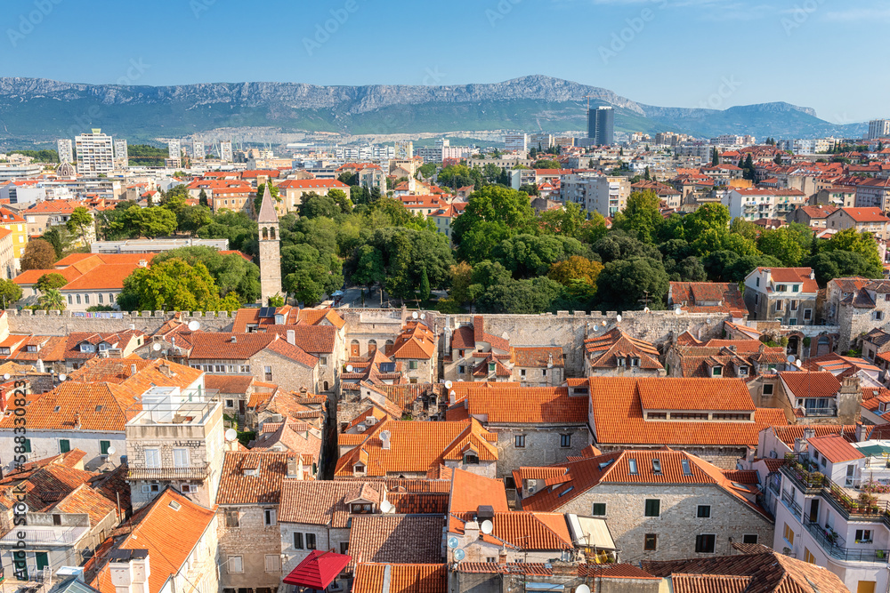 Split old city, beautiful cityscape, top view from Diocletian’s palace bell tower, outdoor travel background, Dalmatia, Croatia. Famous tourist destination in the country and in Europe