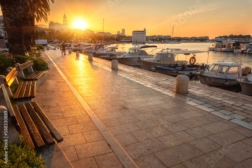 Scenic view of the Split seafront at sunrise, beautiful cityscape with old city and Diocletian’s palace, outdoor travel background, Dalmatia, Croatia. Famous tourist destination in Europe