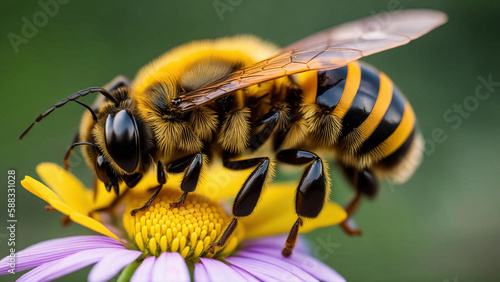 macro photo of bee sitting on flower head, generatice AI photo