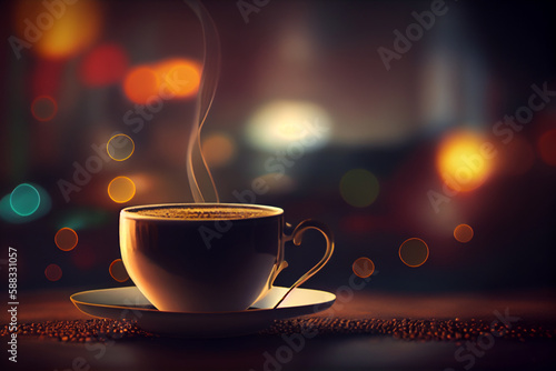 A cup of hot coffee on a blurred background with highlights. AI generated.