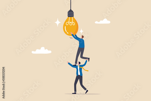 Partnership to success together, teamwork help get solution to solve problem, support to togetherness, collaboration and cooperation concept, businessman help support coworker to turn on lightbulb.