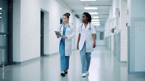 Female doctors walking in the hospital corridor, healthcare workers in scrubs discussing talking
