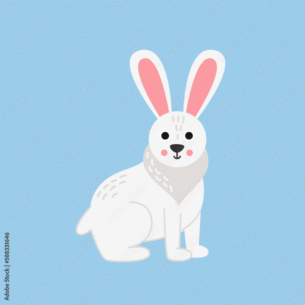 Vector illustration of cartoon arctic hare isolated on blue background.