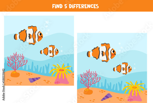 Find 5 differences between two cute cartoon clownfish.