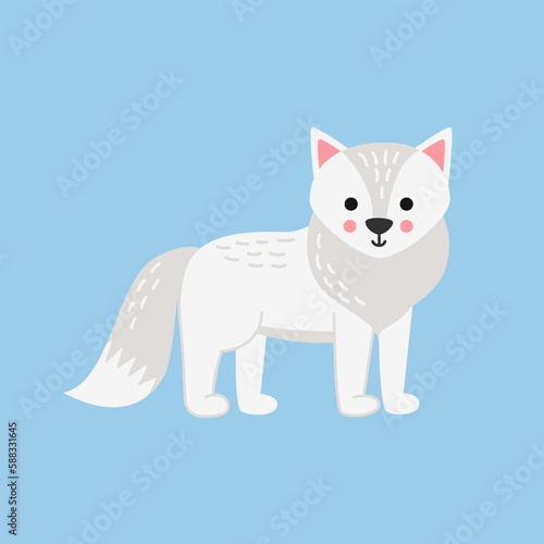 Vector illustration of cartoon arctic fox isolated on blue background.