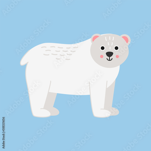 Vector illustration of cartoon cute polar bear isolated on blue background.