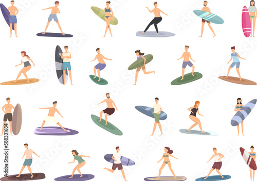 Surfer icons set cartoon vector. Surfboard character. Beach wave