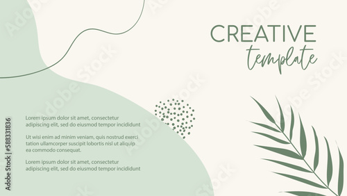 Presentation organic creative template. Natural floral green minimal background with organic shapes and palm leaf