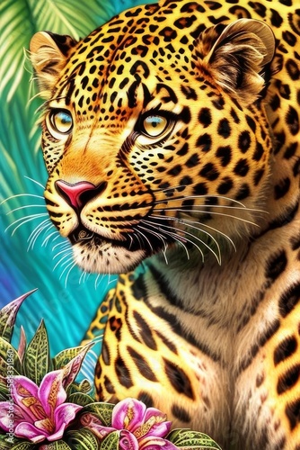 Leopard  tropical flowers  generative ai art illustration 03