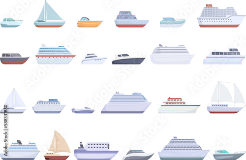 Travel by ship icons set cartoon vector. Sea boat. Ferry cruise