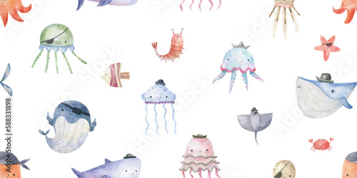 seamless sea pattern. Endless pattern with underwater world, colorful fish seamless pattern. Underwater background. Cute pattern for various products, clothing, textiles, etc