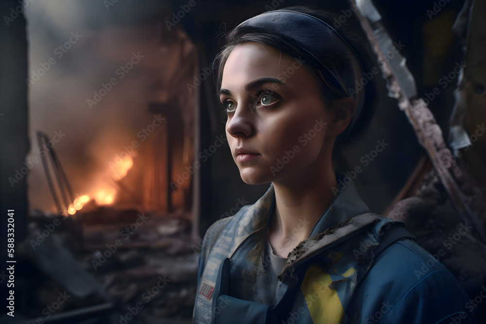 Ukrainian woman soldier, savior on the background of a destroyed building, fire after a rocket, war in Ukraine, Generative AI Ukrainian woman soldier, savior on the background of a destroyed building, fire after a rocket, war in Ukraine, Generative AI