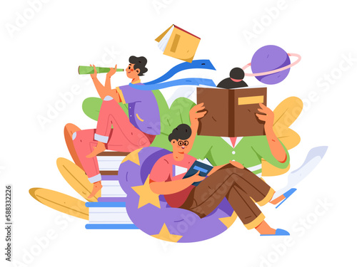 Quiet reading character flat vector concept operation hand drawn illustration 