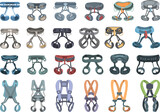 Climbing harness icons set cartoon vector. Gear equipment. Rock tool