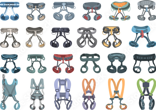 Climbing harness icons set cartoon vector. Gear equipment. Rock tool © nsit0108