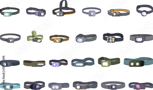 Headlamp icons set cartoon vector. Head flash. People light