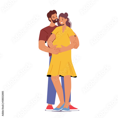 Pregnant Woman And Man Embrace Characters In Loving Hug, Radiating Happiness And Joy Cartoon People Vector Illustration