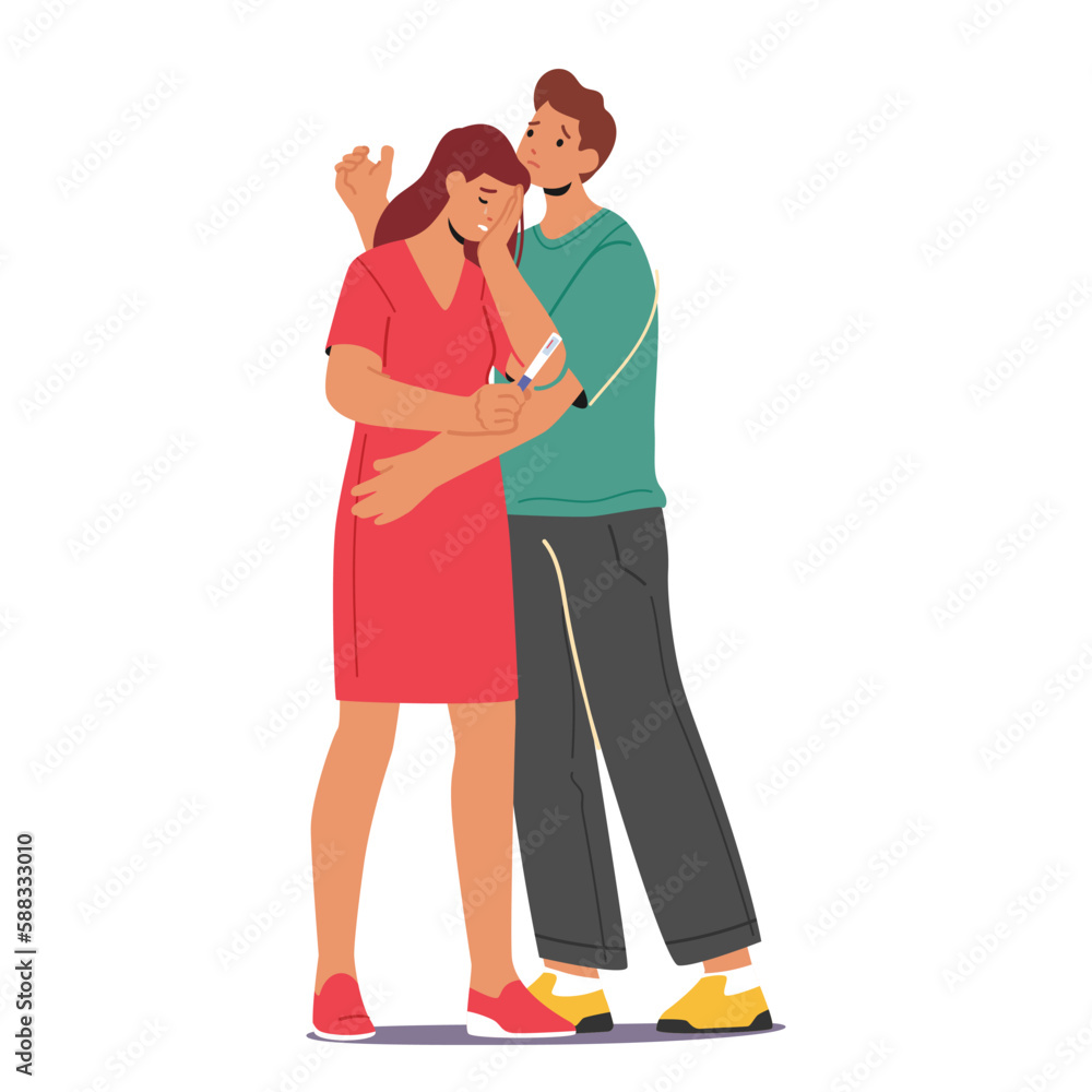 Unhappy Couple Depicted With A Woman Holding A Negative Pregnancy Test While The Man Stands Beside Her Unhappy Couple Depicted With A Woman Holding A Negative Pregnancy Test While The Man Stands Beside Her