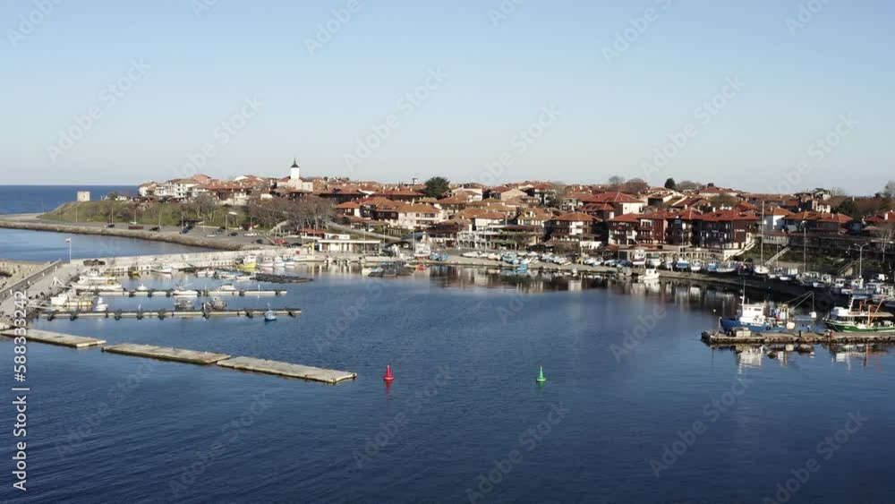 Nesebar, Black Sea holiday destination drone flight over ancient town Bulgaria Nesebar, Black Sea holiday destination drone flight over ancient town Bulgaria