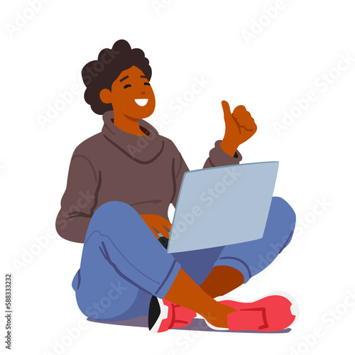Cheerful Young Woman Character Sit With Laptop Showing Thumb Up, Indicating Approval Or Success Vector Illustration
