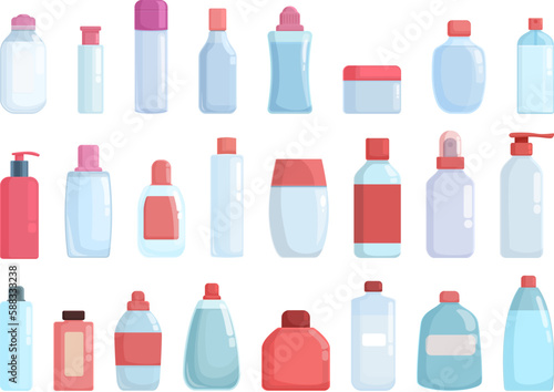 Micellar water icons set cartoon vector. Beauty makeup. Bottle container
