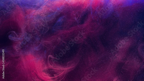Glitter mist. Color vapor texture. Ink water mix. Fantasy sky. Neon pink blue shiny sparkling particles smoke floating on dark abstract art background with free space.
