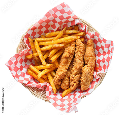 fried chicken tenders and french fries in basket isolated and shot top down with transparency