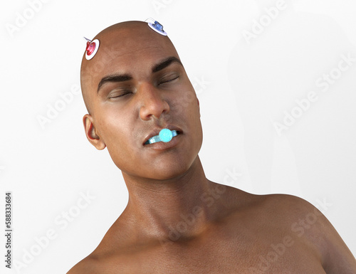 A man with brain electrodes and bite block, preparation for electroconvulsive therapy, a treatment used for severe mental illnesses, 3D illustration photo