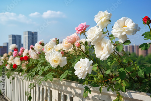 White and pink roses on the background of the cityscape. Beautiful summer landscape. Generative AI photo
