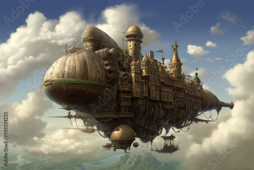 Fantasy airship in steampunk style flies through the sky with clouds.