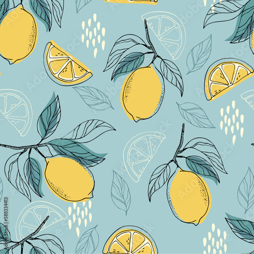 Abstract lemons pattern. Hand drawn line lemon illustration. Minimalism lemon. Seamless pattern with citrus fruits.